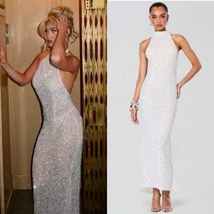 NWT RETROFETE Hand Stitched Crystal & Sequin Sleeveless Halter Open‎ Back Gown L